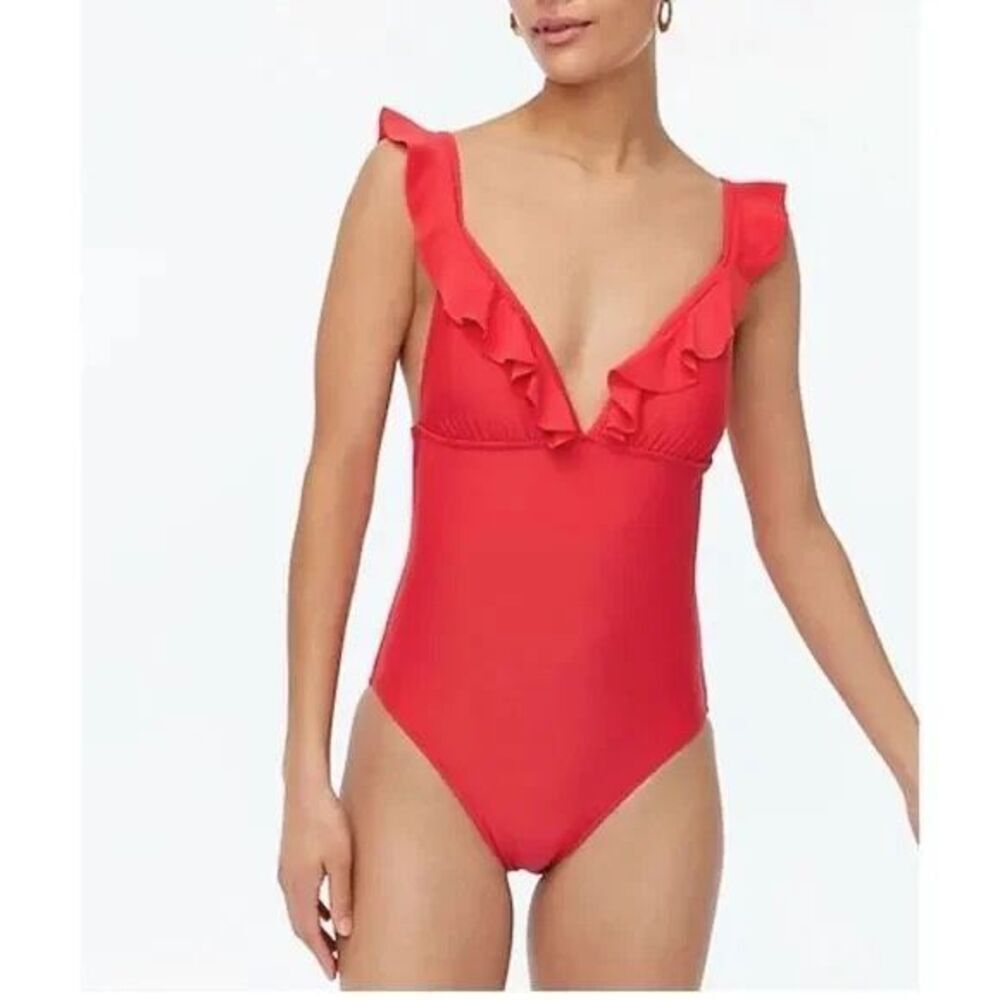 J. Crew Red Ruffle Deep V One-Piece Swimsuit‎ – Size L